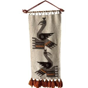 Vintage Hand-Woven Wool BIRD Tapestry Brass and Bead accent Wall Hanging
